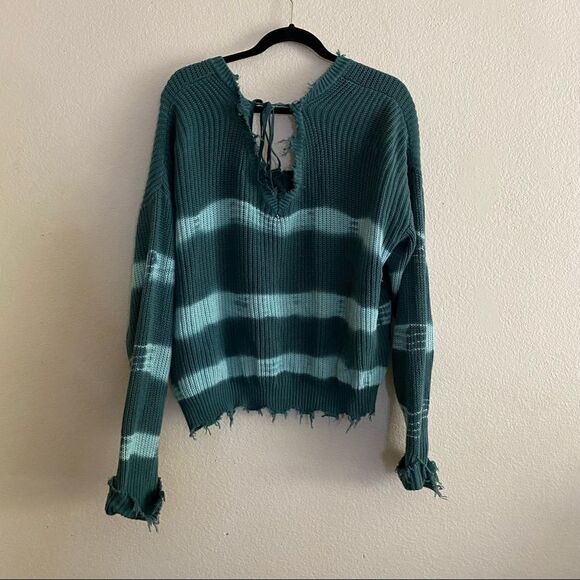 Forever 21+ Green and Blue Striped tie dye Oversized Sweater with fringe - Picture 5 of 7